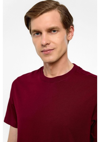 Koyu Bordo Regular Düz Bisiklet Yaka Tişört modelleri