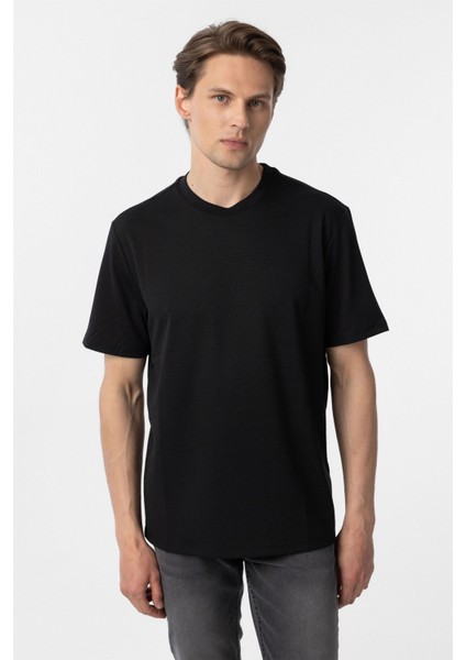 Siyah Slim Fit Armürlü Bisiklet Yaka Tişört