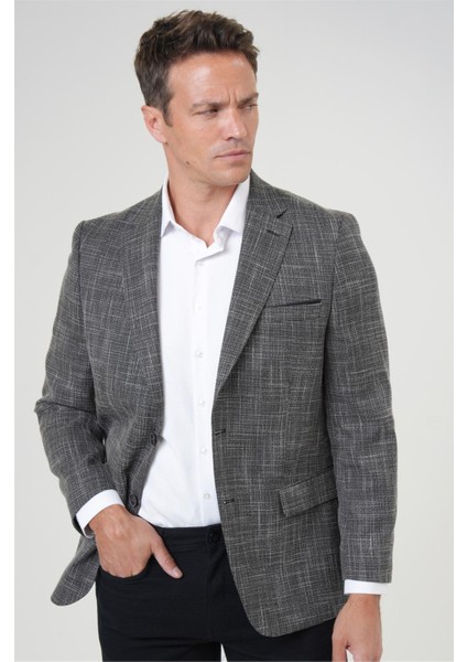 Siyah Regular Fit Desenli Mono Yaka 4 Drop Ceket