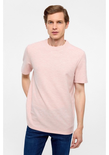 Koyu Pembe Regular Armürlü Bisiklet Yaka Tişört