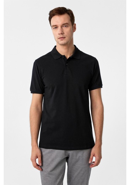 Siyah Slim Fit Armürlü Polo Yaka Tişört