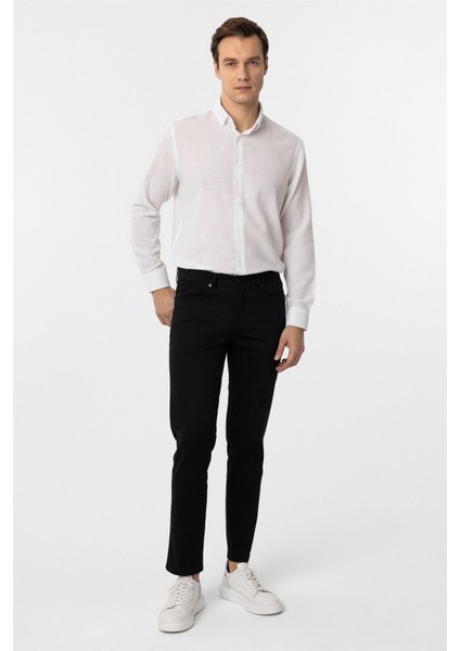 Siyah Slim Fit 5 Cep Kalıp Armürlü Kanvas Pantolon