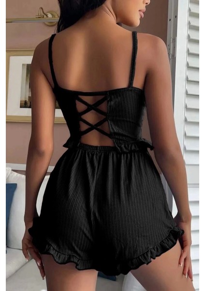 Siyah Mini Arkası Çapraz Ipli Şortlu Pijamatakımı fiyatları