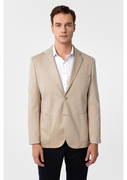 Bej Regular Fit Desenli Mono Yaka 4 Drop Ceket