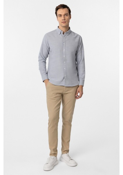 Lacivert Slim Fit Armürlü Düğmeli Yaka Gömlek indirimleri