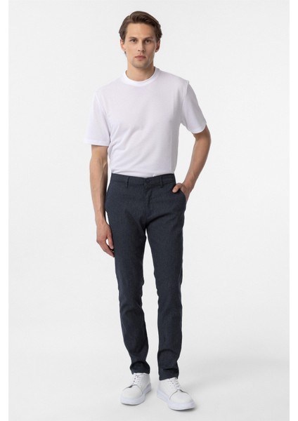 Lacivert Slim Fit Armürlü Kanvas Pantolon