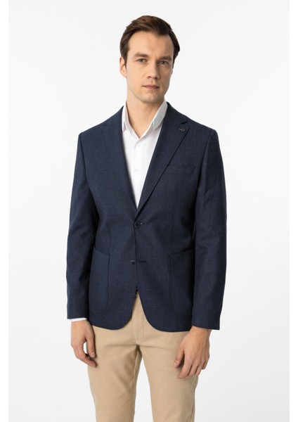 Lacivert Slim Fit Desenli Mono Yaka 6 Drop Ceket