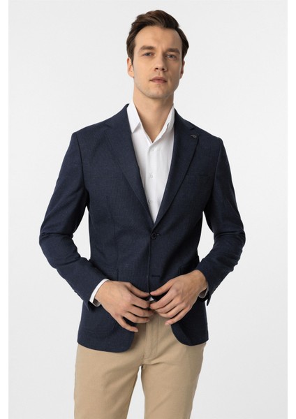 Lacivert Slim Fit Desenli Mono Yaka 6 Drop Ceket