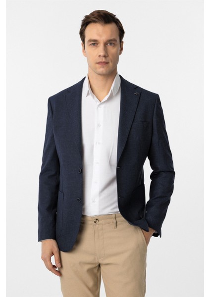 Lacivert Slim Fit Desenli Mono Yaka 6 Drop Ceket