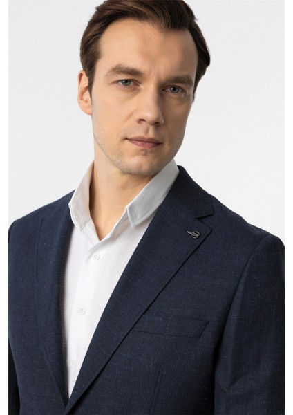 Lacivert Slim Fit Desenli Mono Yaka 6 Drop Ceket