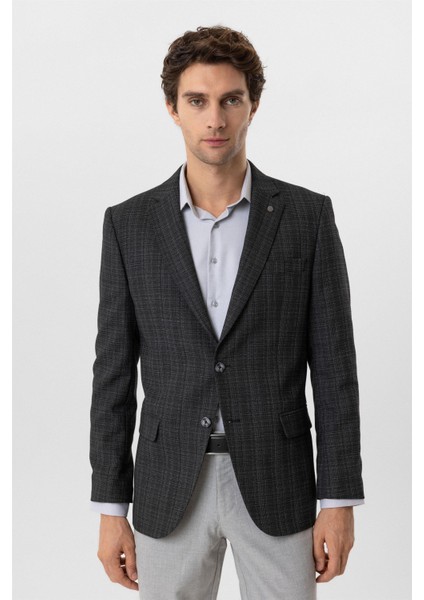 Antrasit Regular Fit Desenli Mono Yaka 6 Drop Ceket