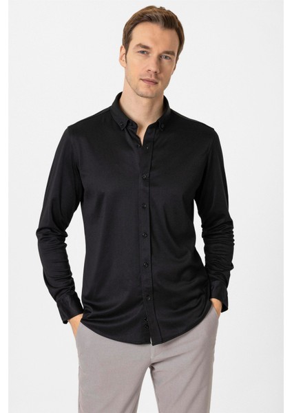 Siyah Slim Fit Armürlü Düğmeli Yaka Gömlek fiyatları