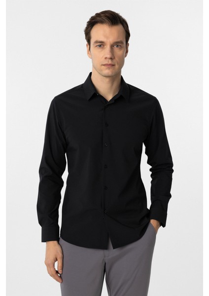 Siyah Slim Fit Düz Klasik Yaka Gömlek fiyatları