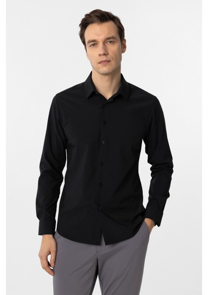 Siyah Slim Fit Düz Klasik Yaka Gömlek modelleri