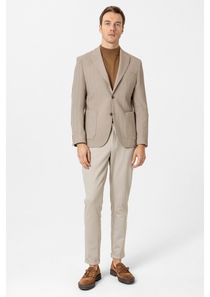 Bej Slim Fit Düz Sivri Yaka 6 Drop Ceket