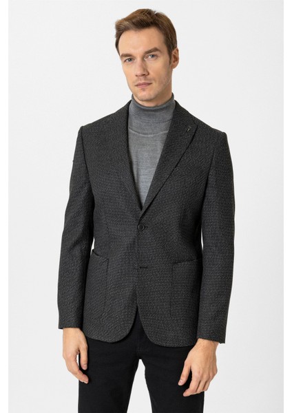 Siyah Slim Fit Sivri Yaka 6 Drop Ceket