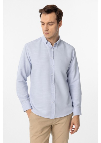 Buz Mavi Slim Fit Armürlü Düğmeli Yaka Gömlek modelleri