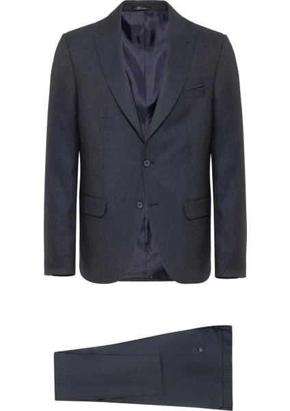 Lacivert Slim Fit Desenli Sivri Yaka 6 Drop Klasik Takım Elbise