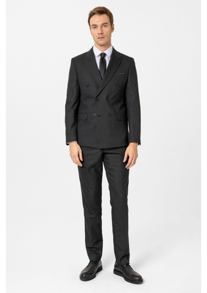 Siyah Slim Fit Düz Kruvaze Yaka 6 Drop Klasik Takım Elbise