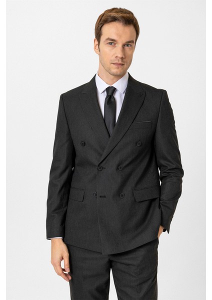Siyah Slim Fit Düz Kruvaze Yaka 6 Drop Klasik Takım Elbise