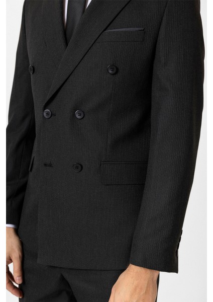 Siyah Slim Fit Düz Kruvaze Yaka 6 Drop Klasik Takım Elbise
