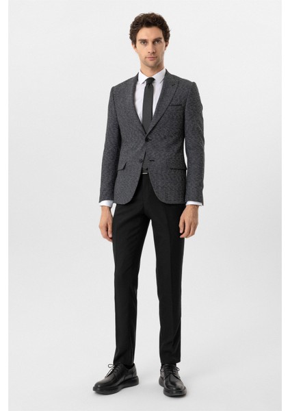 Siyah Slim Fit Armürlü Sivri Yaka 6 Drop Yelekli Klasik Takım Elbise