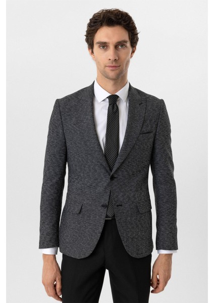 Siyah Slim Fit Armürlü Sivri Yaka 6 Drop Yelekli Klasik Takım Elbise