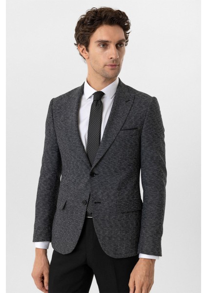 Siyah Slim Fit Armürlü Sivri Yaka 6 Drop Yelekli Klasik Takım Elbise