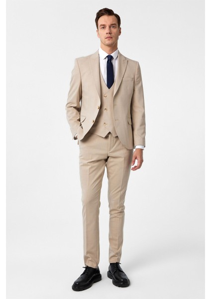 Bej Slim Fit Desenli Sivri Yaka 6 Drop Yelekli Klasik Takım Elbise