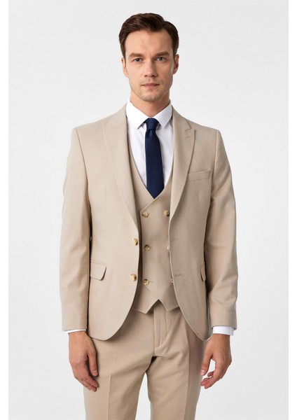 Bej Slim Fit Desenli Sivri Yaka 6 Drop Yelekli Klasik Takım Elbise