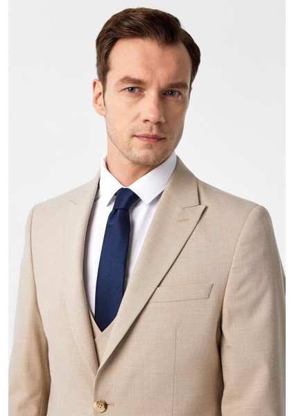 Bej Slim Fit Desenli Sivri Yaka 6 Drop Yelekli Klasik Takım Elbise