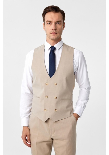 Bej Slim Fit Desenli Sivri Yaka 6 Drop Yelekli Klasik Takım Elbise