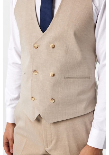 Bej Slim Fit Desenli Sivri Yaka 6 Drop Yelekli Klasik Takım Elbise