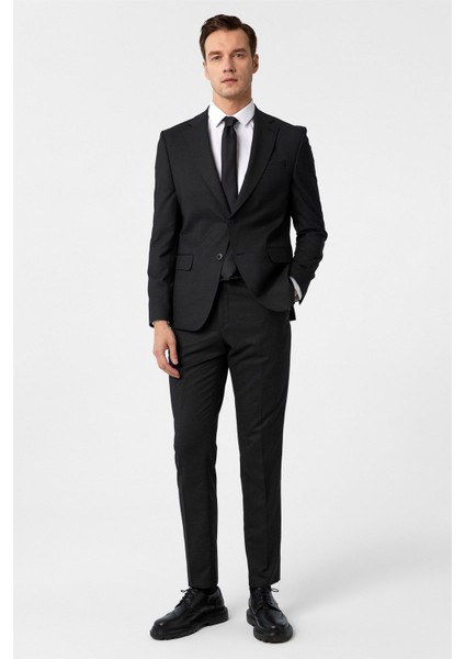 Siyah Slim Fit Desenli Mono Yaka 6 Drop Klasik Takım Elbise
