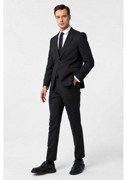Siyah Slim Fit Desenli Mono Yaka 6 Drop Klasik Takım Elbise