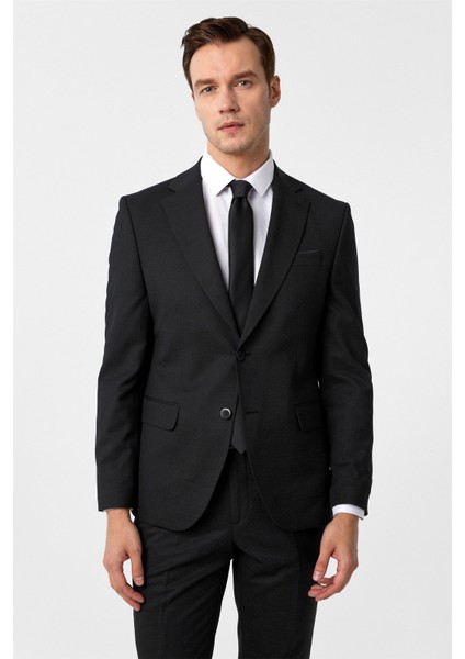 Siyah Slim Fit Desenli Mono Yaka 6 Drop Klasik Takım Elbise