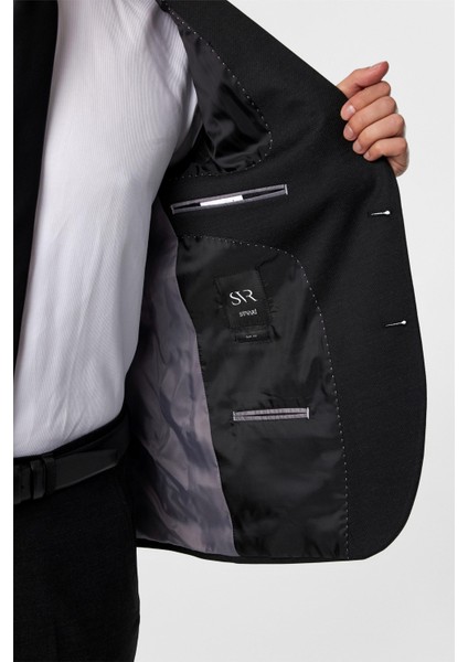 Siyah Slim Fit Desenli Mono Yaka 6 Drop Klasik Takım Elbise