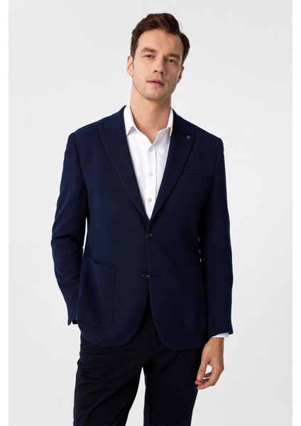 Lacivert Slim Fit Desenli Sivri Yaka 6 Drop Ceket