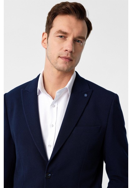 Lacivert Slim Fit Desenli Sivri Yaka 6 Drop Ceket