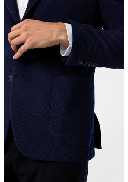 Lacivert Slim Fit Desenli Sivri Yaka 6 Drop Ceket
