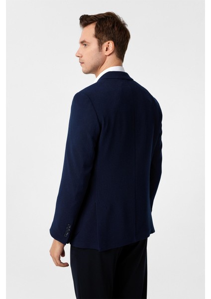 Lacivert Slim Fit Desenli Sivri Yaka 6 Drop Ceket