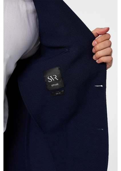 Lacivert Slim Fit Desenli Sivri Yaka 6 Drop Ceket
