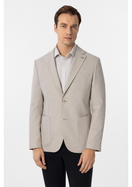 Bej Slim Fit Armürlü Mono Yaka 6 Drop Ceket