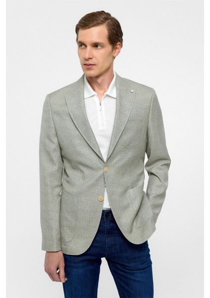 Su Yeşili Slim Fit Desenli Sivri Yaka 6 Drop Ceket
