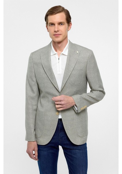 Su Yeşili Slim Fit Desenli Sivri Yaka 6 Drop Ceket