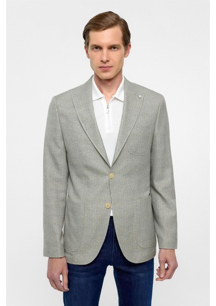 Su Yeşili Slim Fit Desenli Sivri Yaka 6 Drop Ceket
