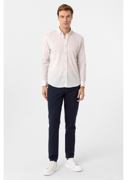 Ekru Slim Fit Armürlü Düğmeli Yaka Gömlek fırsatları