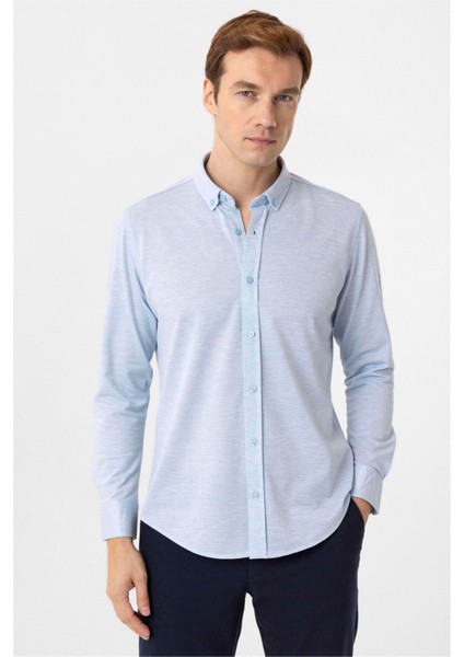 Saks Mavi Slim Fit Armürlü Düğmeli Yaka Gömlek