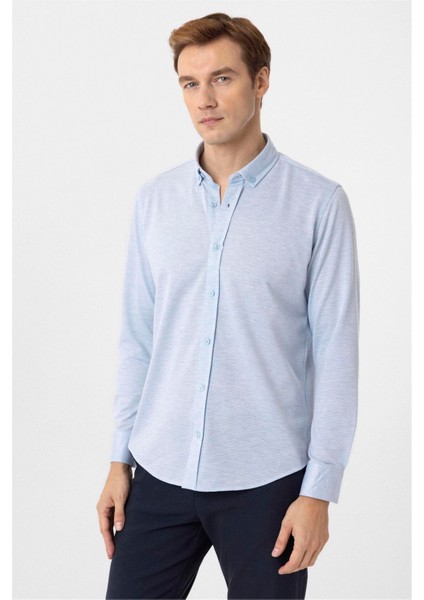 Saks Mavi Slim Fit Armürlü Düğmeli Yaka Gömlek fiyatları