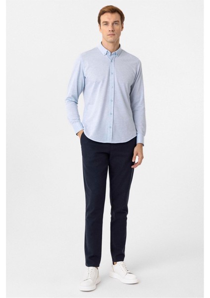 Saks Mavi Slim Fit Armürlü Düğmeli Yaka Gömlek indirimleri